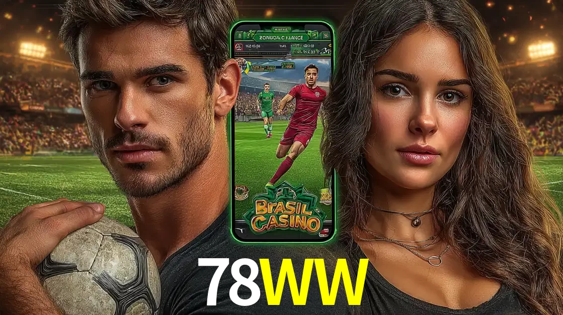 Homem segurando uma bola de futebol e uma mulher ao lado de um smartphone exibindo o jogo de apostas esportivas da 78WW. Faça seu palpite no cassino online.